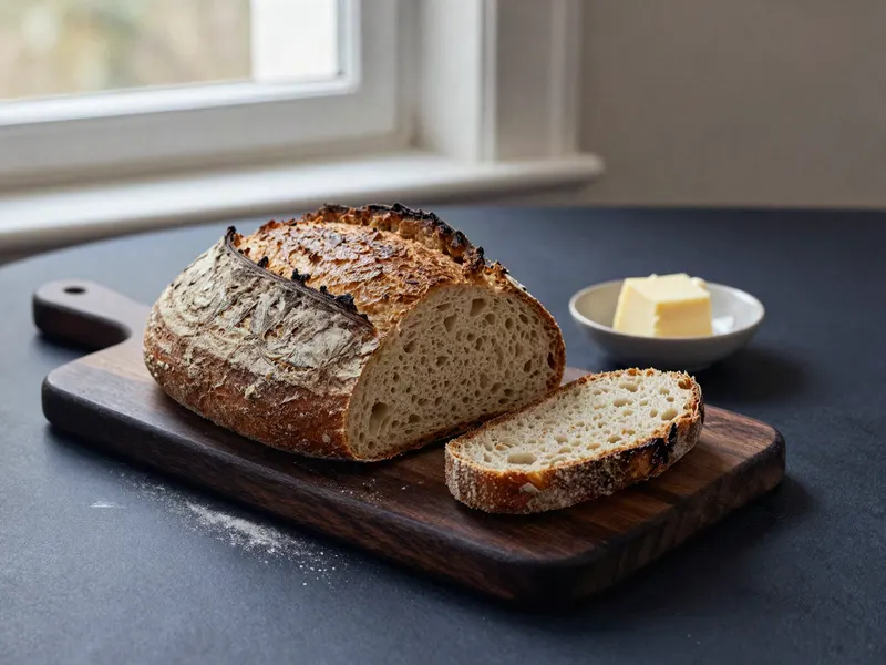 Surdejsbrød med smør på et skærebræt